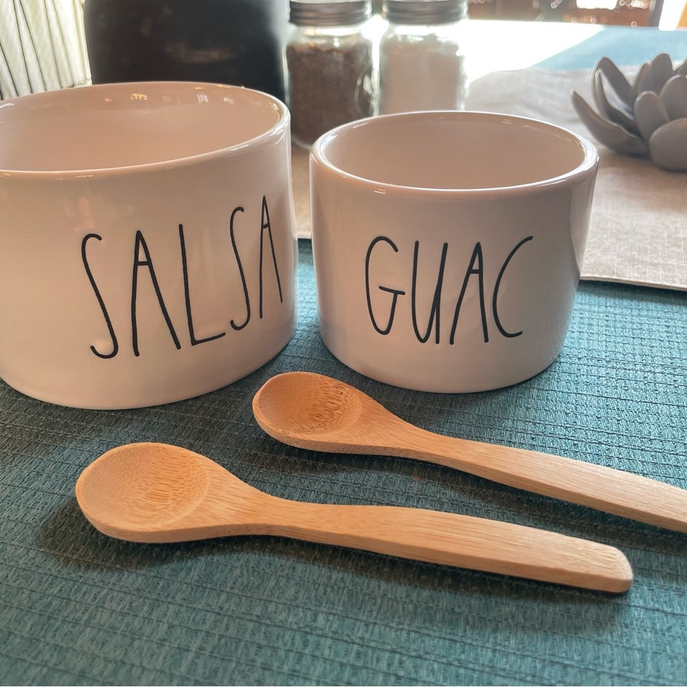 Rae Dunn White Serveware Set with Brown Wooden Spoons